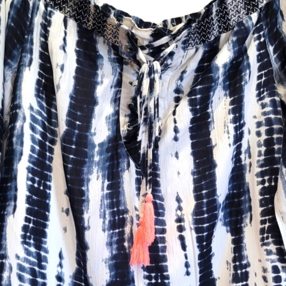 Large Tie Dye Smocked Lined Tassle String Long Sleeve Off the Shoulder Tunic - Picture 4 of 7